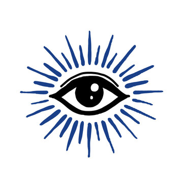 Hand drawn blue radiant eye doodle on black back
