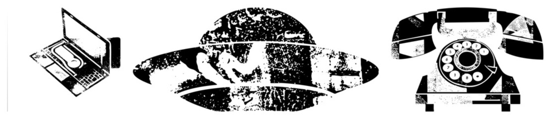 Vintage computing device, flying saucer, rotary telephone, stylized tech symbols, black and white graphic, retro futuristic tech, isolated vector elements.