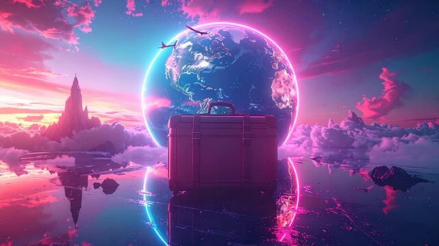 A suitcase sits before a neon-glowing Earth, with planes & a fantastical landscape