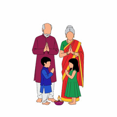 Fototapeta premium Indian Family Praying Together in Traditional Clothing.