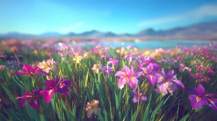Obraz premium A vibrant field of blooming irises under a clear blue sky