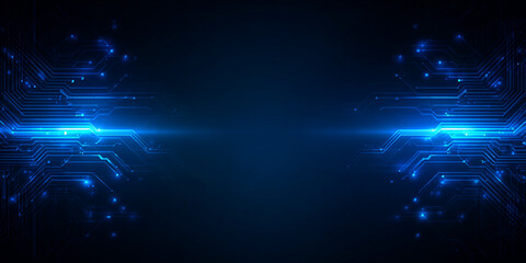 Fototapeta premium Technology background with glowing neon blue and turquoise electrical circuit patterns.