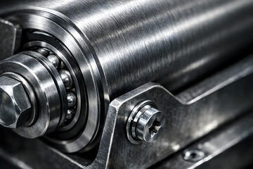 Fototapeta premium Close-up of a shiny metal roller bearing with ball bearings inside, showcasing intricate industrial machinery details and mechanical engineering precision