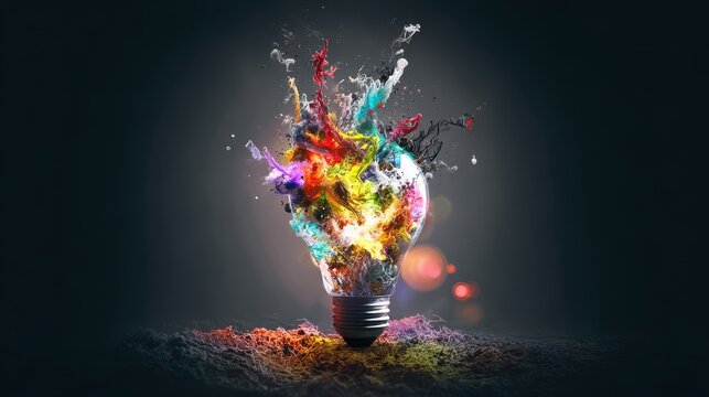 Lightbulb eureka moment with an impactful and inspiring artistic colourful explosion of paint energy, Generative AI creation symbolizing ideas and innovation.