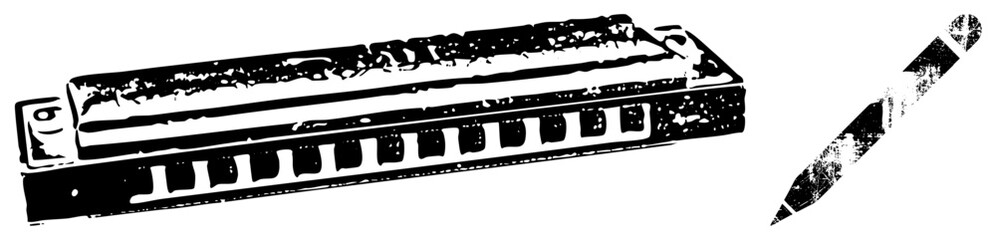 Classic diatonic harmonica with reed plate, paired with abstract pen, both rendered in high contrast graphic style, ideal for creative or musical branding.