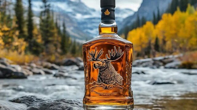 square glass bottle of amber whiskey featuring an engraved moose, resting on a river rock with a blurred backdrop of a flowing mountain stream and autumn forest.