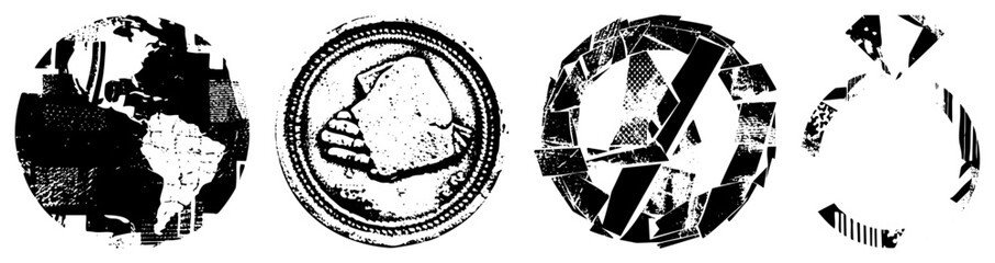 Obraz premium Four stylized circular with fragmented shapes, halftone textures, and graphic motifs globe, coin, lightning bolt, and abstract arc rendered in high contrast vector art.