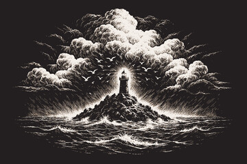 Dramatic lighthouse on a rocky island amidst stormy waves, a detailed black and white vector illustration in an artistic vintage engraving style. © Chairul