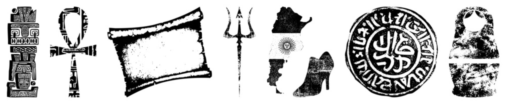 vector Egyptian ankh, Aztec totem, scroll, trident, Argentina map with boot, Arabic seal, Russian nesting doll all with distressed texture.