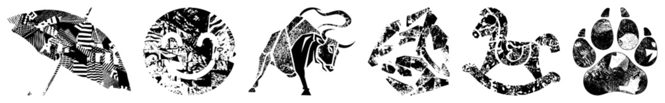 Stylized animal forms rendered as fragmented halftone shapes, black and white vector art, graphic design elements, modern illustration, creatures, artistic abstraction.