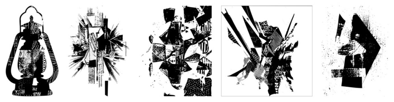 Fragmented geometric forms, halftone textures, bold black shapes, abstract composition, modern graphic design, stylized vector.