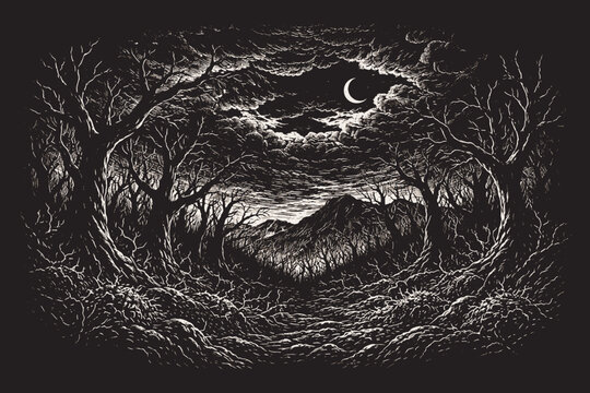 Dark and mysterious forest scene with twisted trees, a detailed black and white vector illustration in an engraved style perfect for gothic art.