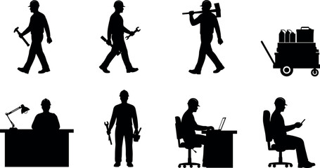 Construction and maintenance worker silhouettes set with tools, engineer at desk, technician with laptop and cart equipment vector illustration isolated on white background © SreeShontusChandra