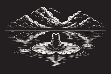 Solitary frog sitting on a lily pad in a calm pond, a serene black and white vector illustration with detailed scratchboard textures and tranquil atmosphere. © Chairul