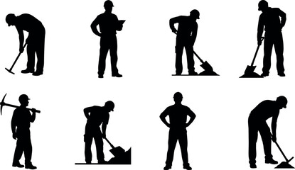 Construction worker silhouettes digging with shovel and pickaxe, manual labor and building industry vector set isolated © SreeShontusChandra