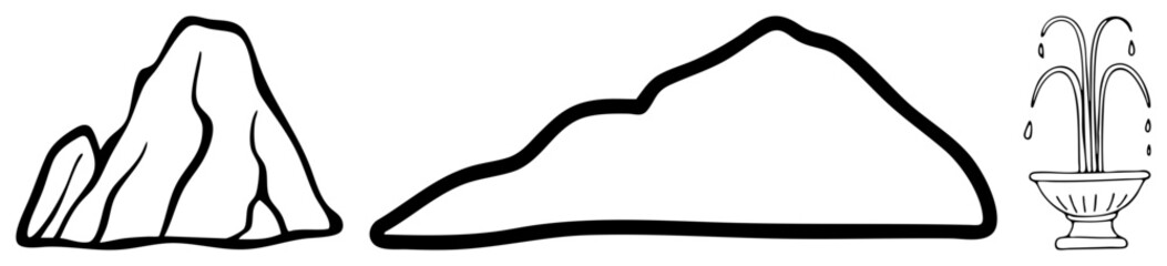 Minimalist vector art of a jagged mountain, smooth hill, and classical fountain with droplets, all in clean black, ideal for graphic design or print.