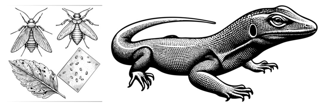 Scientific vector drawing of lizard, moth, cockroach, leaf with pests, and magnified insect eggs, halftone texture, entomology study, biological specimen.