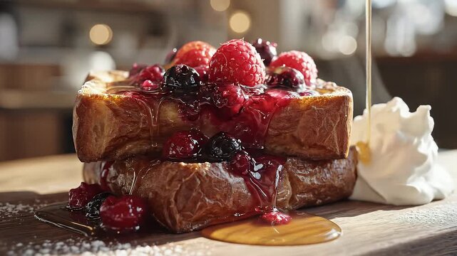 Slow Macro Push-in Golden Brioche French Toast with Berry Compote Maple Syrup in Sunlit Cafe