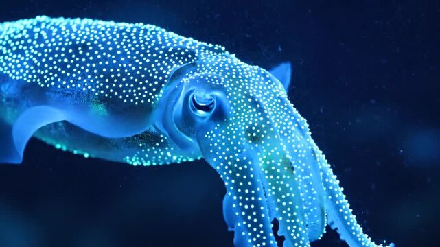 Bioluminescent squid or cuttlefish glowing with bright white spots in deep blue ocean water.