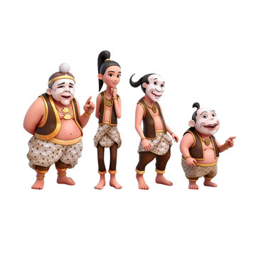3D illustration of Punakawan characters Semar, Gareng, Petruk, and Bagong in modern cartoon style, Indonesian Javanese traditional puppet culture icons isolated on white background.