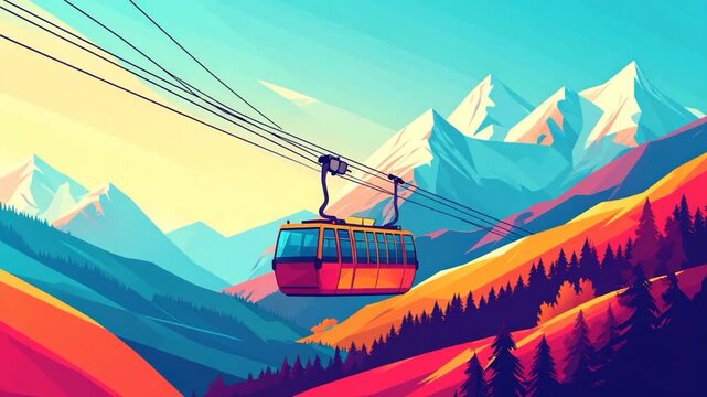 Colorful stylized illustration of a ski lift ascending a mountain range at sunrise