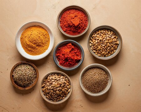 Turmeric, Paprika and Mixed Seeds in Small Bowls, Overhead View of Natural Seasonings and Grains