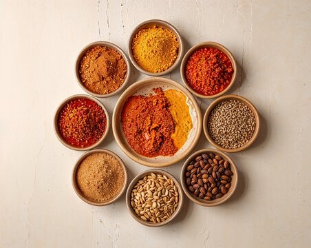 Vibrant Ground Spices, Grains and Seeds in Rustic Bowls, Minimal Food Styling Flat Lay