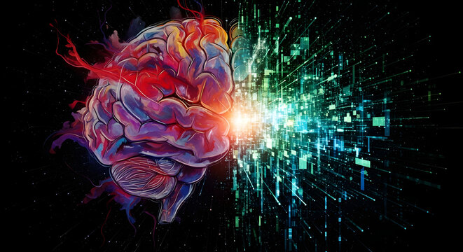 Human brain connecting with abstract digital data explosion