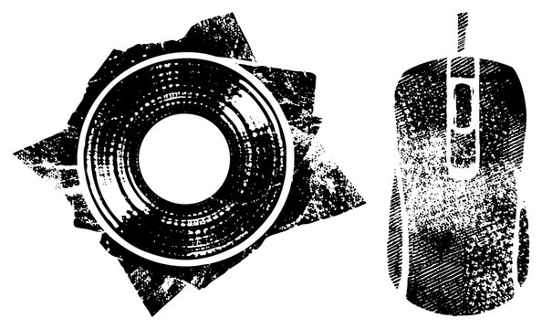 Retro camera lens with textured rings and distressed mouse, vector halftone art, isolated tech, digital illustration.