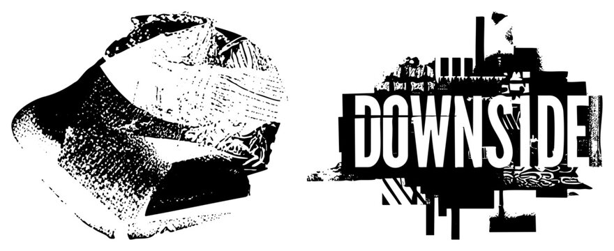 Graphic logo featuring &ldquo;Downside&rdquo; in block letters with urban backdrop, halftone texture, stencil style, urban grit, black and white vector design.