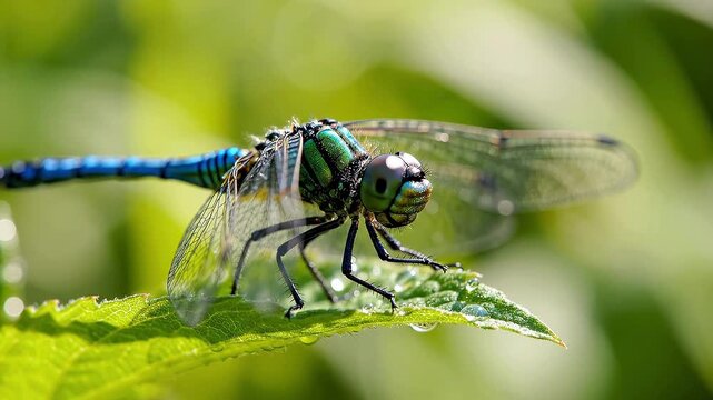 Close-up of a dragonfly resting on a fresh green leaf, delicate transparent wings showing fine vein details