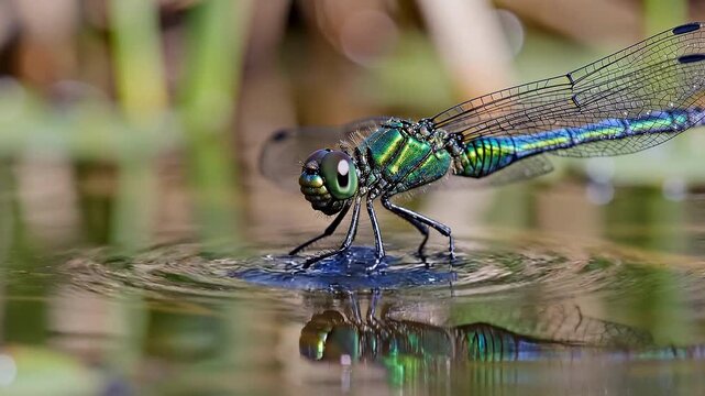 Close-up view of a dragonfly perched on the surface of calm water, thin legs touching the water tension