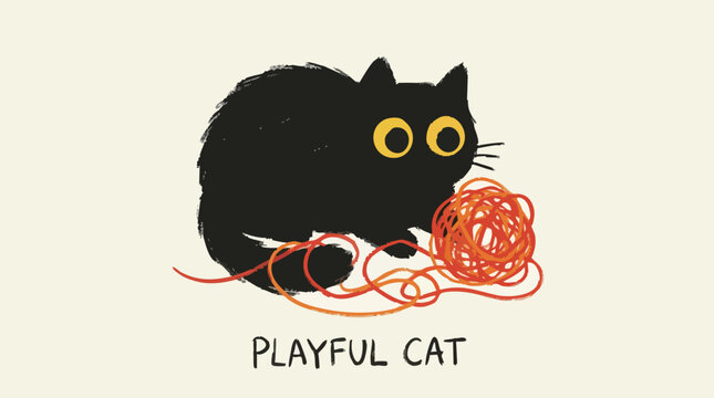Black Cat Playing with Red Yarn Ball.