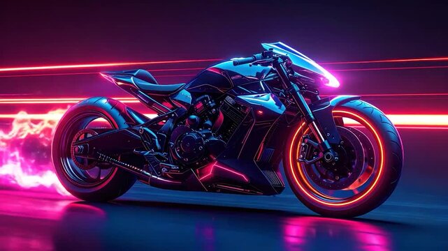 Futuristic motorcycle with neon lights against a blurred, vibrant background