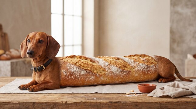 Dachshund shaped like a baguette, surreal food pun illustration