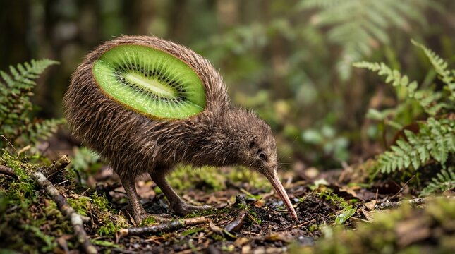 Kiwi bird with a kiwi fruit body, surreal nature pun illustration