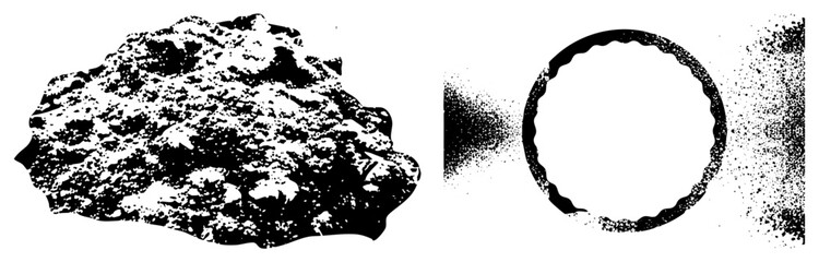 Fototapeta premium Rough geological surface with granular detail, halftone circle cutout, vector graphic, black and white, abstract rock texture, isolated shape, design element.