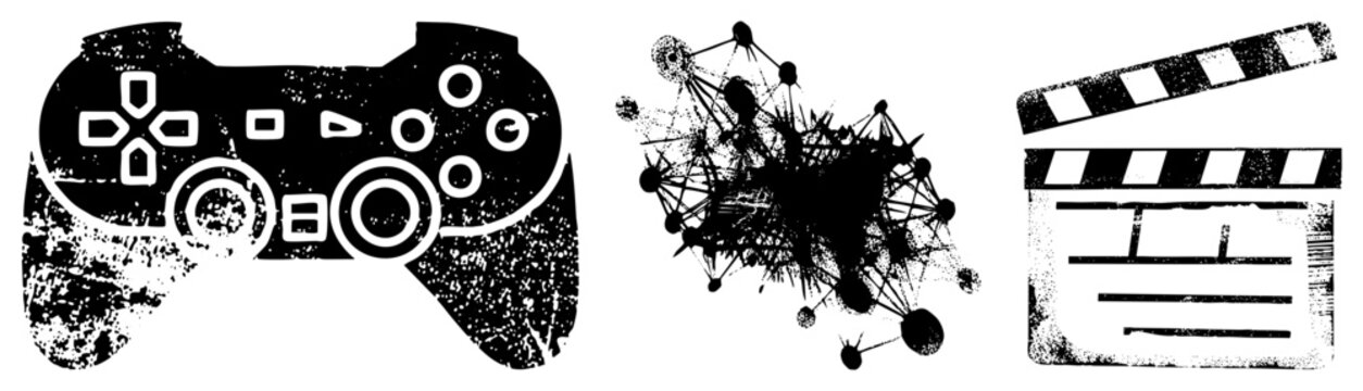 Grunge style vector gaming pad, digital network, cinema clapboard. Distressed black on transparent background.