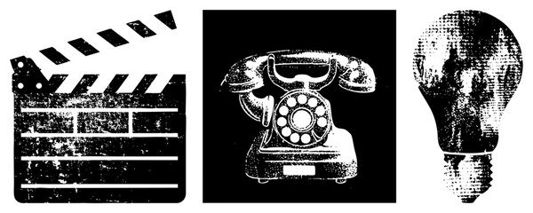 Obraz premium Retro cinema clapperboard, rotary telephone, lightbulb symbol, halftone texture, vector, isolated design elements, creative tools.