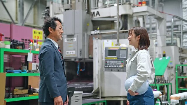 工場の中で握手する男性ビジネスパーソンと女性作業員