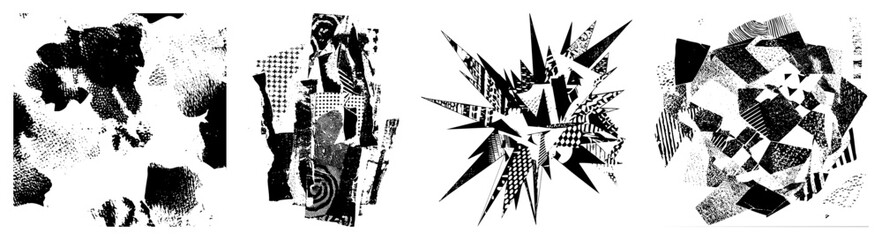 Fototapeta premium Fragmented shapes with halftone textures, dynamic composition, graphic design elements, bold contrast, modern art, digital illustration, vector composition.