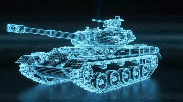 Blue glowing wireframe digital hologram of a military tank on a dark reflective surface