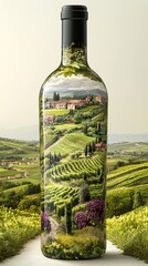 Fototapeta premium vertical wine bottle silhouette artfully blending into a sun-drenched Italian vineyard landscape, featuring rolling green hills, a stone estate, and lush grapevines.