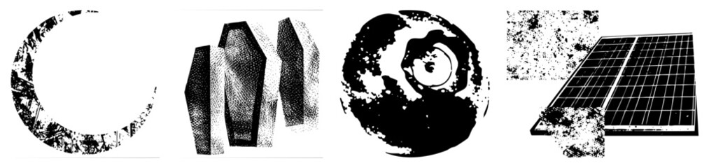 Black and white halftone vector art featuring circular forms, geometric blocks, globe motif, and solar panel, isolated graphic elements with textured dot.