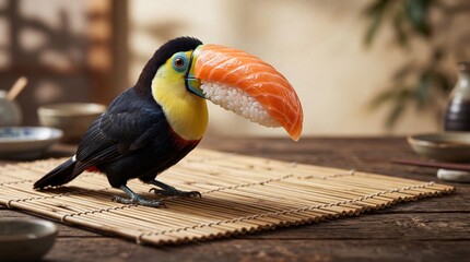 Fototapeta premium Toucan with salmon nigiri sushi beak standing on a bamboo mat
