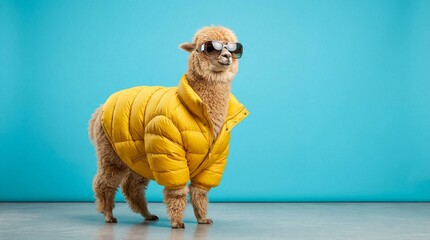 Fototapeta premium Funny alpaca wearing yellow puffer jacket and sunglasses on blue