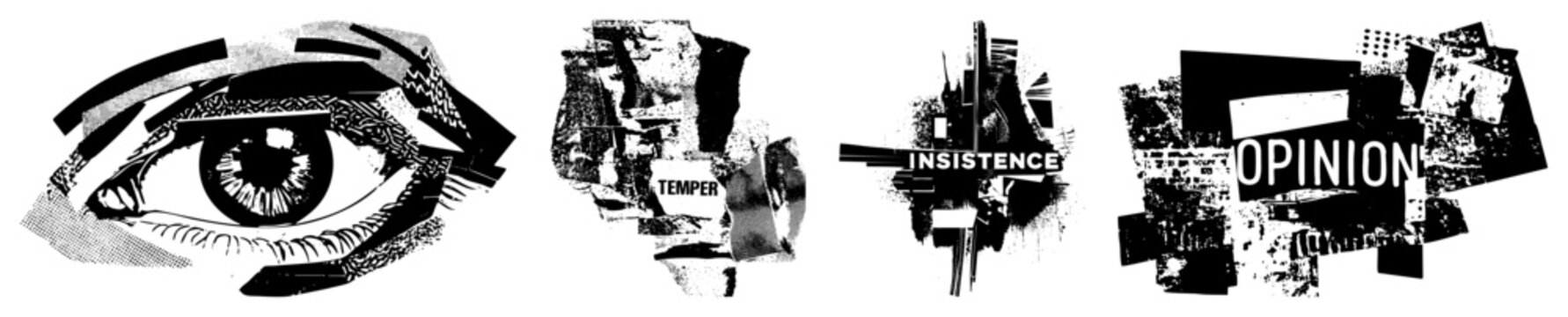 Four black and white vector logos eye with intricate, "TEMPER" text, "INSISTENCE" in bold, "OPINION" amid fragmented shapes all in halftone, high contrast, graphic design.