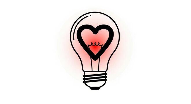 A glowing lightbulb contains a bright red heart symbolizing love and ideas.