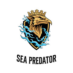 Fototapeta premium Stylized golden eagle head with crown on a black shield emblem surrounded by blue waves