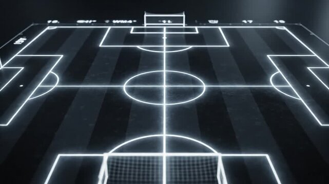 Cinematic slow motion bird's eye view of a soccer field layout showing white line markings on lush green grass turf in high definition 4K resolution for professional sports broadcasting.